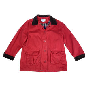 Vintage Chore Coat Red Corduroy Collar Cargo Pocket Women's Medium Oversized
